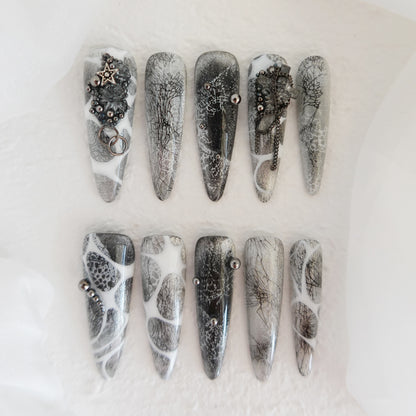 Midnight Ritual Hand Embossed Nails 2504101